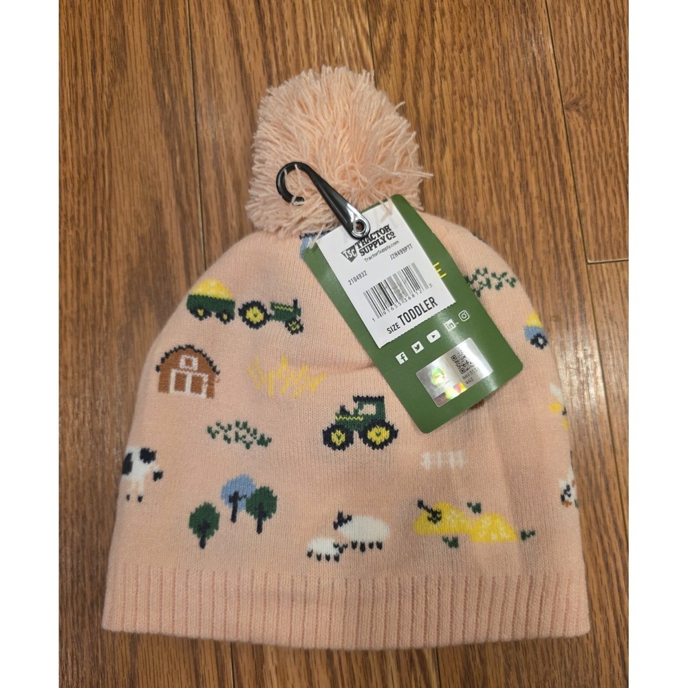 John Deere Toddler Girls Beanie OS Pink w/Pom Farm Tractor Winter New w/Tags - Picture 2 of 7